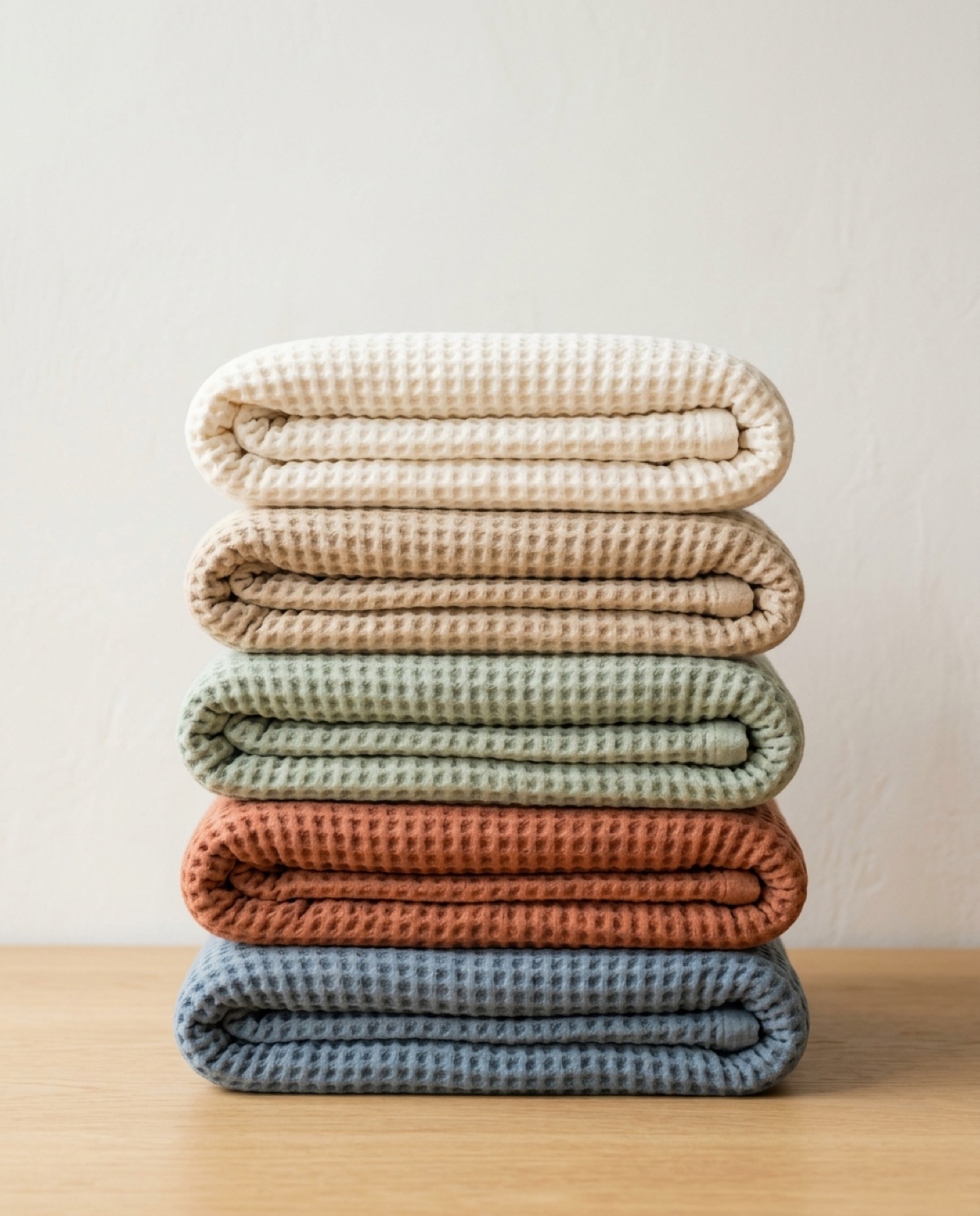 Folded stack of muslin blankets in shell, sand, sea mist, clay and storm colours